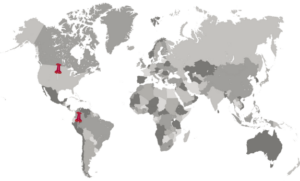 Mapa mundi donde se señalan los países donde se está implementando Fertilo actualmente (EEUU y Perú)