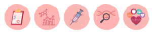 Cinco iconos representando estrategias para mejorar la fertilidad en personas con enfermedades autoinmunes: control médico especializado, evaluación hormonal, terapias inmunológicas y anticoagulantes, fecundación in vitro con diagnóstico genético preimplantacional (DGP) y hábitos de vida saludables.