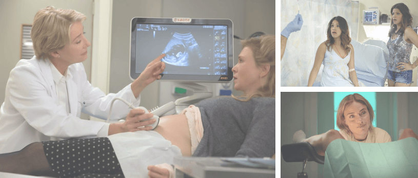 Fotogramas de películas y series sobre reproducción asistida: 'Bridget Jones’s Baby' con una ecografía, 'Jane the Virgin' con una inseminación accidental y 'Un hijo tuyo' con una ginecóloga especialista en fertilidad.