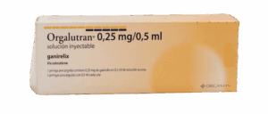 Caja de Orgalutran 0,25 mg/0,5 ml, solución inyectable de ganirelix utilizada en tratamientos de fecundación in vitro