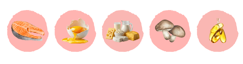 5 iconos con alimentos ricos en vitamina D: salmón, yema de huevo, productos lácteos enteros, setas y cápsulas de aceite de hígado bacalao